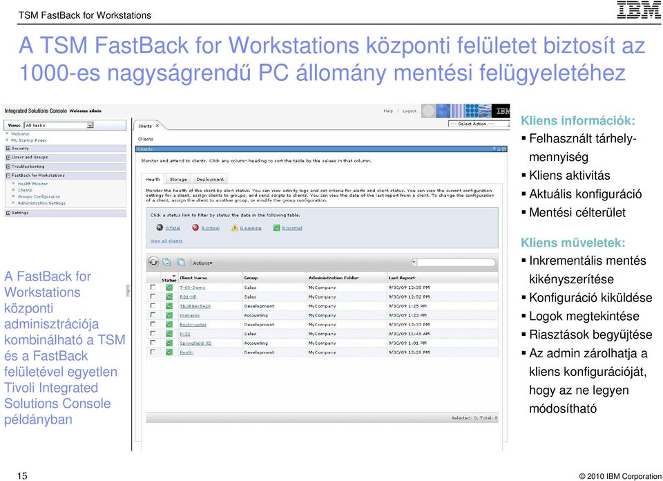 adminisztrációja kombinálható a TSM és a FastBack felületével egyetlen Tivoli Integrated Solutions Console példányban Kliens műveletek: Inkrementális