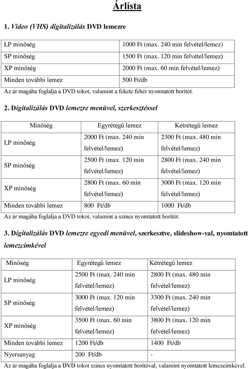 Digitalizálás DVD lemezre menüvel, szerkesztéssel Minőség Egyrétegű lemez Kétrétegű lemez 2000 Ft (max. 240 min 2300 Ft (max. 480 min 2500 Ft (max. 120 min 2800 Ft (max. 240 min 2800 Ft (max.