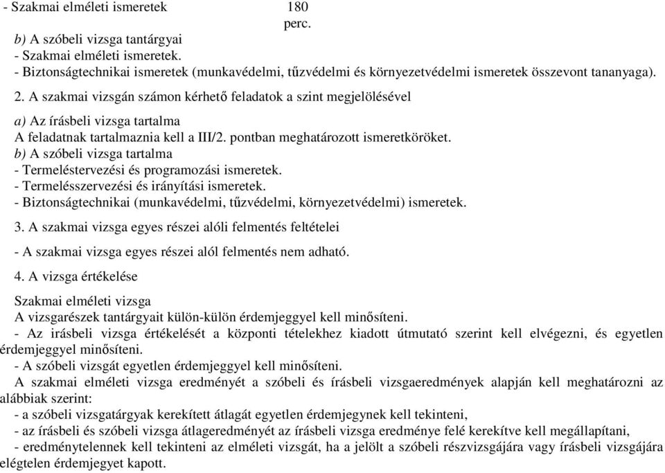 A szakmai vizsgán számon kérhető feladatok a szint megjelölésével a) Az írásbeli vizsga tartalma A feladatnak tartalmaznia kell a III/2. pontban meghatározott ismeretköröket.