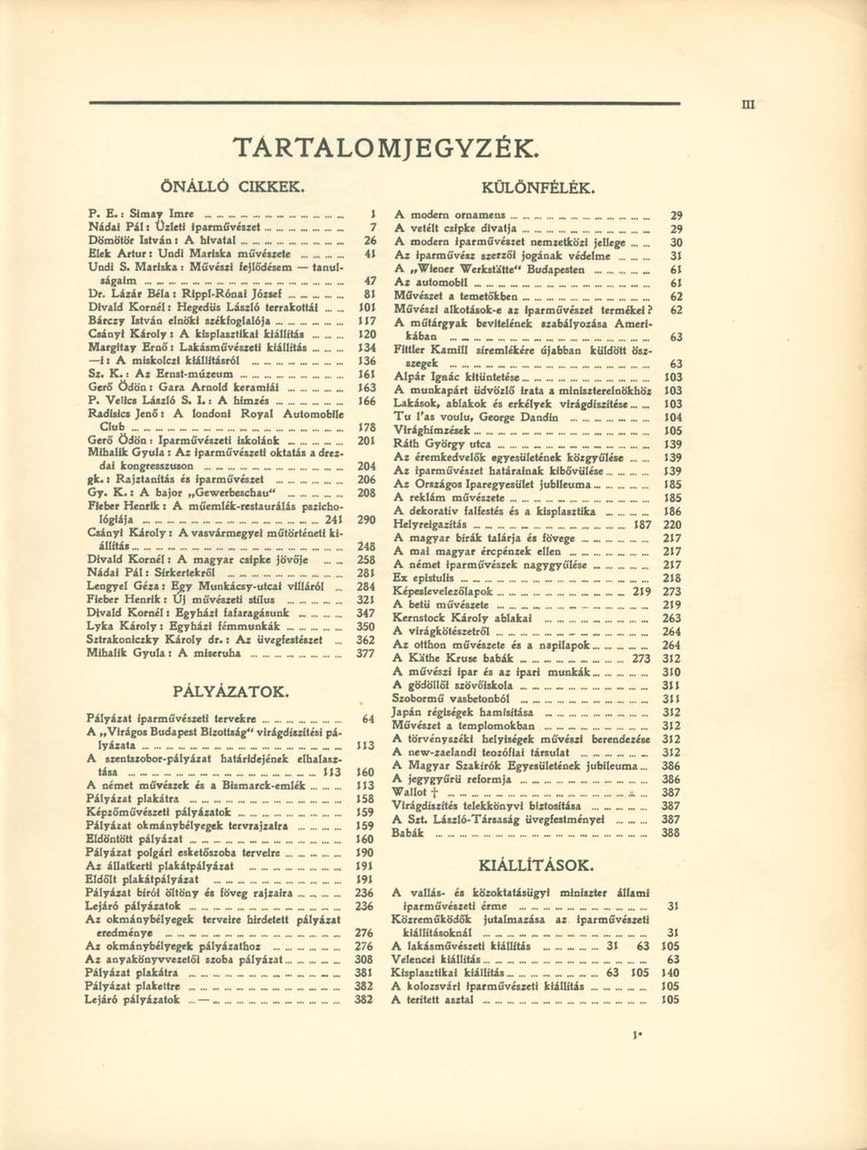 kiállítás Margítay E r n ő : Lakásművészeti kiállítás i : A miskolczi kiállításról Sz. K. : A z Ernst-múzeum Gerő Ö d ö n : Gara Arnold kerámiái P. Velics László S. I.