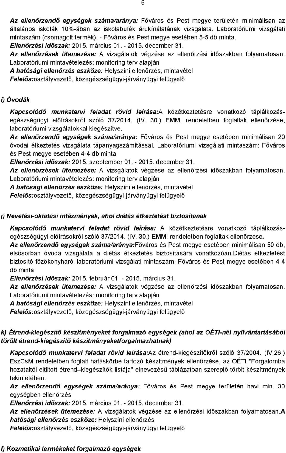 Laboratóriumi mintavételezés: monitoring terv alapján, mintavétel i) Óvodák Kapcsolódó munkatervi feladat rövid leírása:a közétkeztetésre vonatkozó táplálkozásegészségügyi előírásokról szóló 37/2014.