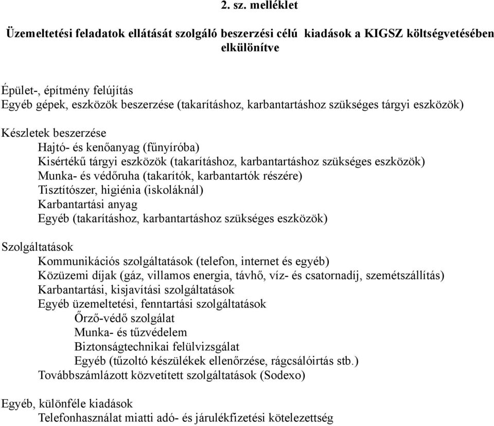 karbantartáshoz szükséges tárgyi eszközök) Készletek beszerzése Hajtó- és kenőanyag (fűnyíróba) Kisértékű tárgyi eszközök (takarításhoz, karbantartáshoz szükséges eszközök) Munka- és védőruha