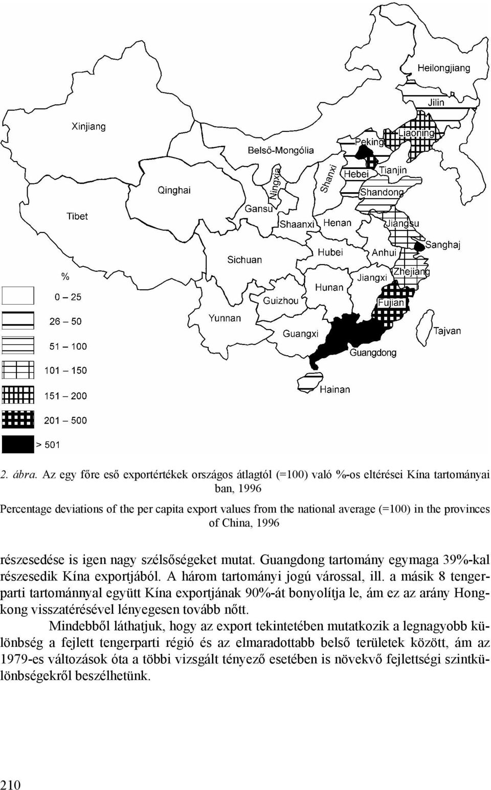 provinces of China, 1996 részesedése is igen nagy szélsőségeket mutat. Guangdong tartomány egymaga 39%-kal részesedik Kína exportjából. A három tartományi jogú várossal, ill.