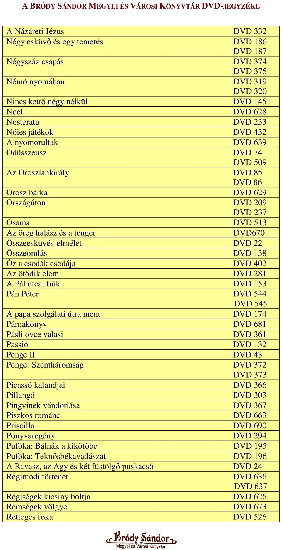 Összeesküvés-elmélet DVD 22 Összeomlás DVD 138 Óz a csodák csodája DVD 402 Az ötödik elem DVD 281 A Pál utcai fiúk DVD 153 Pán Péter DVD 544 DVD 545 A papa szolgálati útra ment DVD 174 Párnakönyv DVD