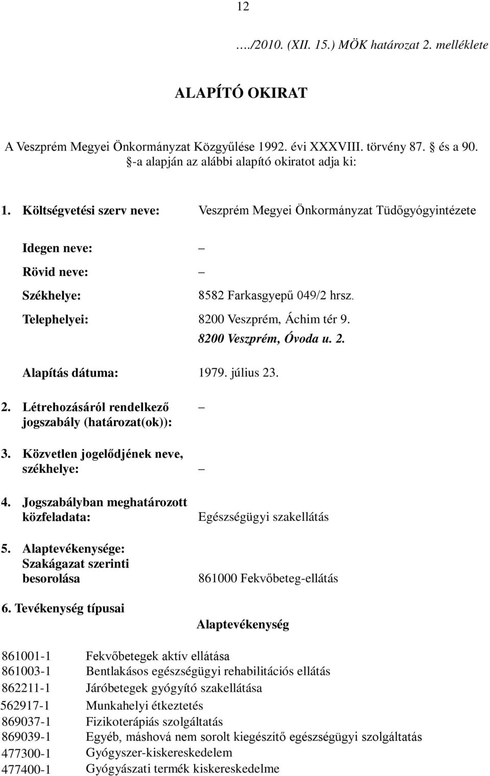 8200 Veszprém, Óvoda u. 2. Alapítás dátuma: 1979. július 23. 2. Létrehozásáról rendelkező jogszabály (határozat(ok)): 3. Közvetlen jogelődjének neve, székhelye: 4.