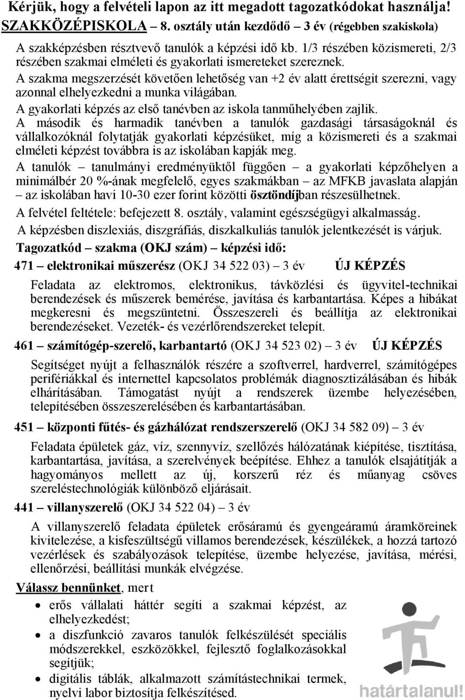 A szakma megszerzését követően lehetőség van +2 év alatt érettségit szerezni, vagy azonnal elhelyezkedni a munka világában. A gyakorlati képzés az első tanévben az iskola tanműhelyében zajlik.