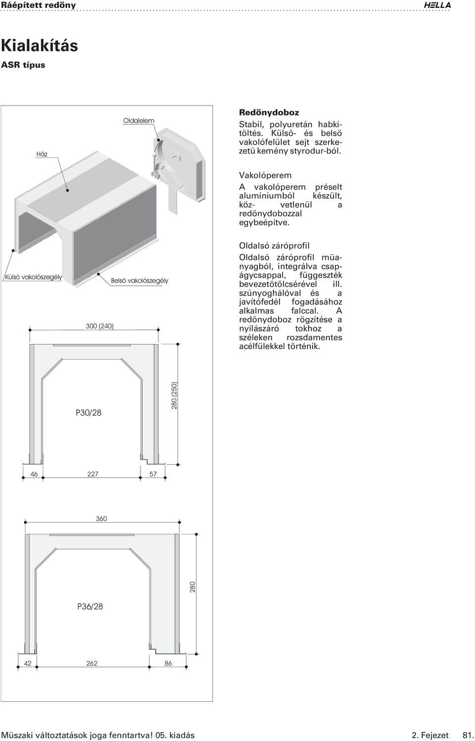 Külsö vakolószegély 300 (240) Belsö vakolószegély Oldalsó záróprofil Oldalsó záróprofil müanyagból, integrálva csapágycsappal, függeszték