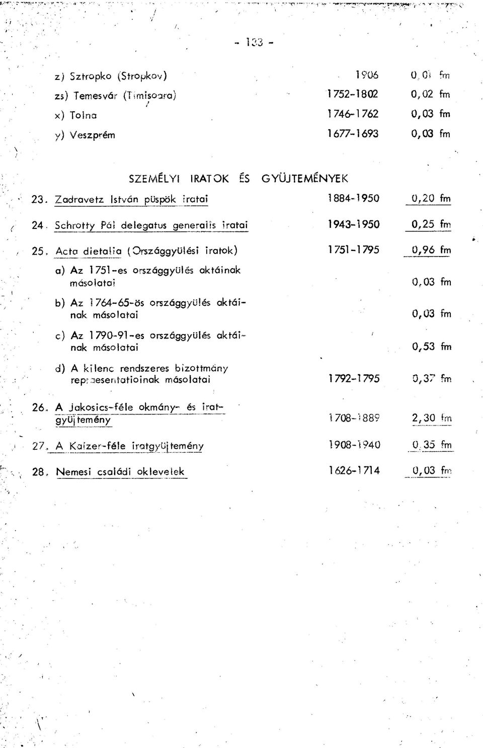 országgyűlés aktáinak másolatai b) Az 1764-65-ös országgyűlés aktáinak másolatai 0,03 fm 0,03 fm c) Az 1790-91-es országgyűlés aktái- ' nak másolatai 0,53 fm d) A kilen c rendszeres bizottmány