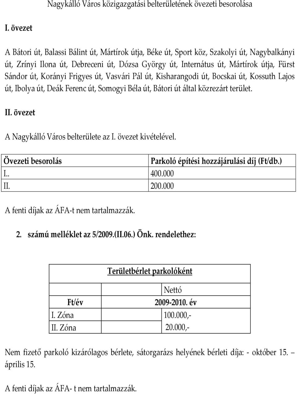 Korányi Frigyes út, Vasvári Pál út, Kisharangodi út, Bocskai út, Kossuth Lajos út, Ibolya út, Deák Ferenc út, Somogyi Béla út, Bátori út által közrezárt terület. II.