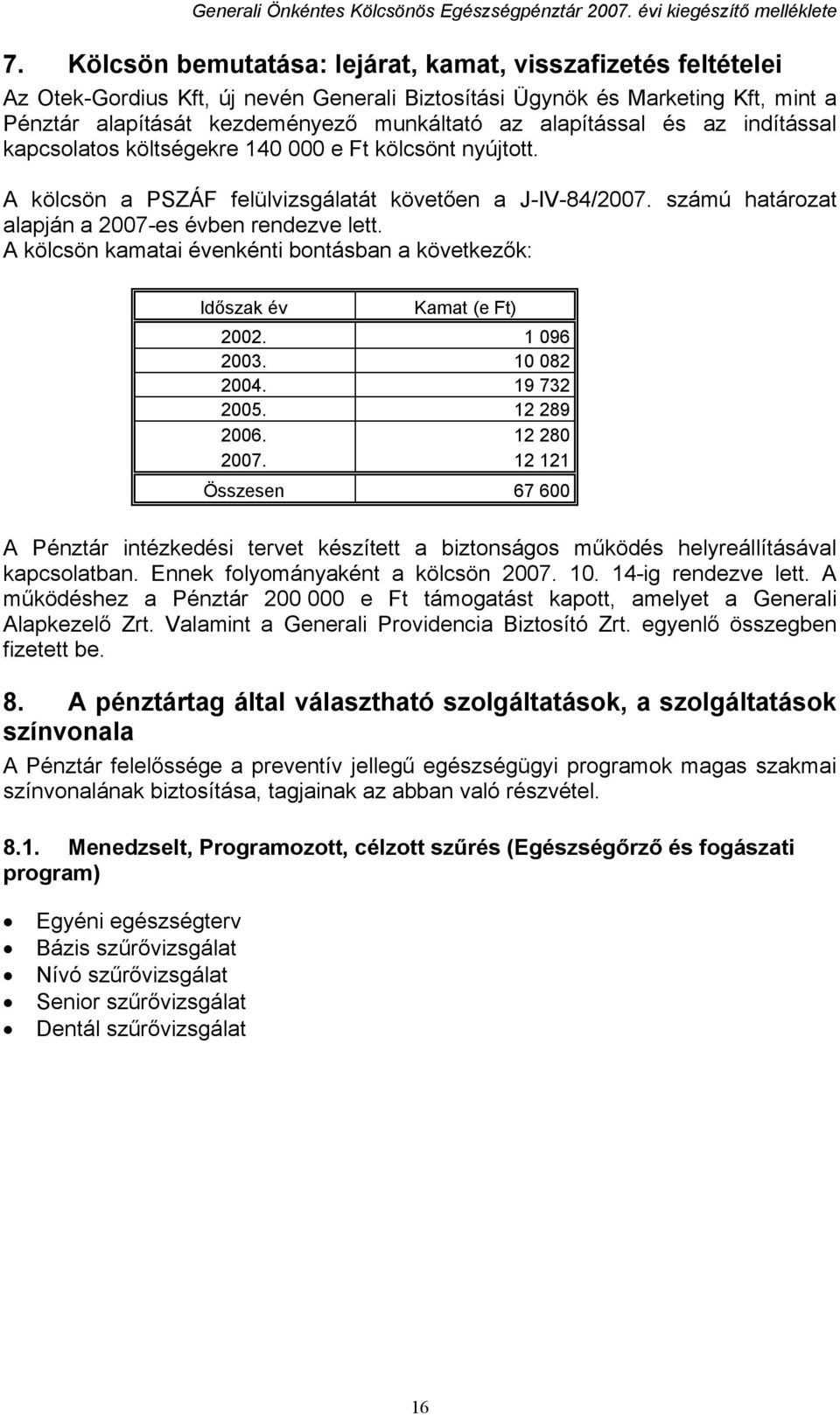 A kölcsön kamatai évenkénti bontásban a következők: Időszak év Kamat (e Ft) 2002. 1 096 2003. 10 082 2004. 19 732 2005. 12 289 2006. 12 280 2007.