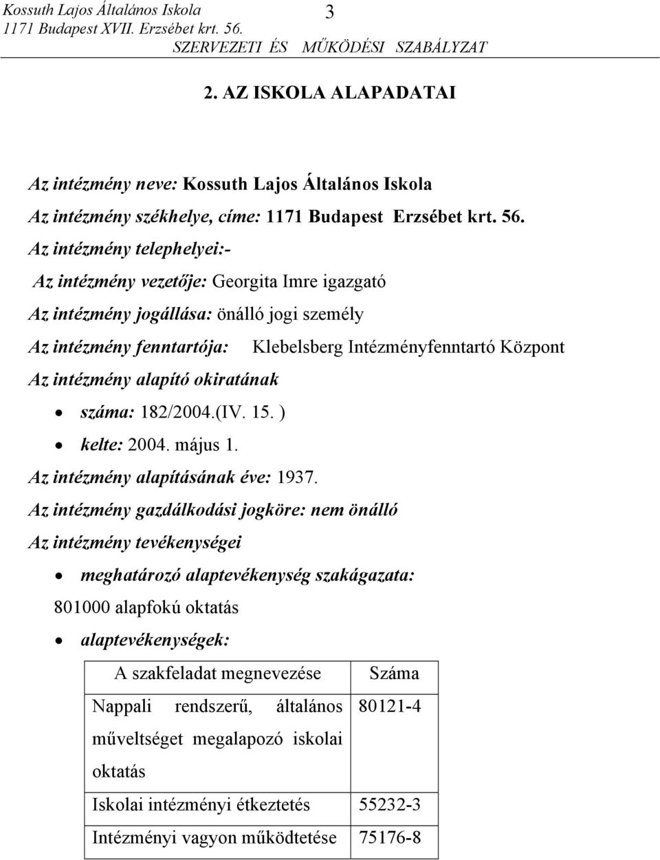 alapító okiratának száma: 182/2004.(IV. 15. ) kelte: 2004. május 1. Az intézmény alapításának éve: 1937.