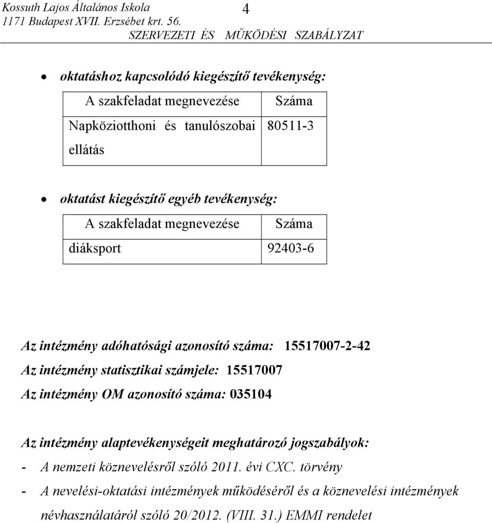 számjele: 15517007 Az intézmény OM azonosító száma: 035104 Az intézmény alaptevékenységeit meghatározó jogszabályok: - A nemzeti köznevelésről szóló