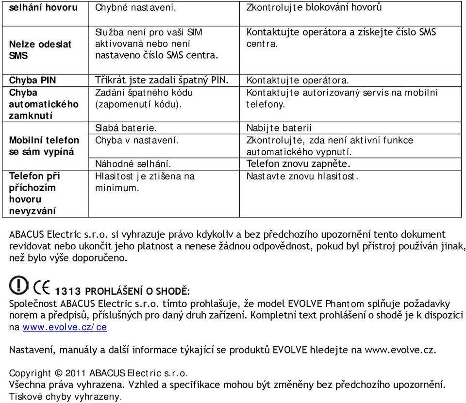 Kontaktujte autorizovaný servis na mobilní telefony. Mobilní telefon se sám vypíná Telefon při příchozím hovoru nevyzvání Slabá baterie. Chyba v nastavení. Náhodné selhání.