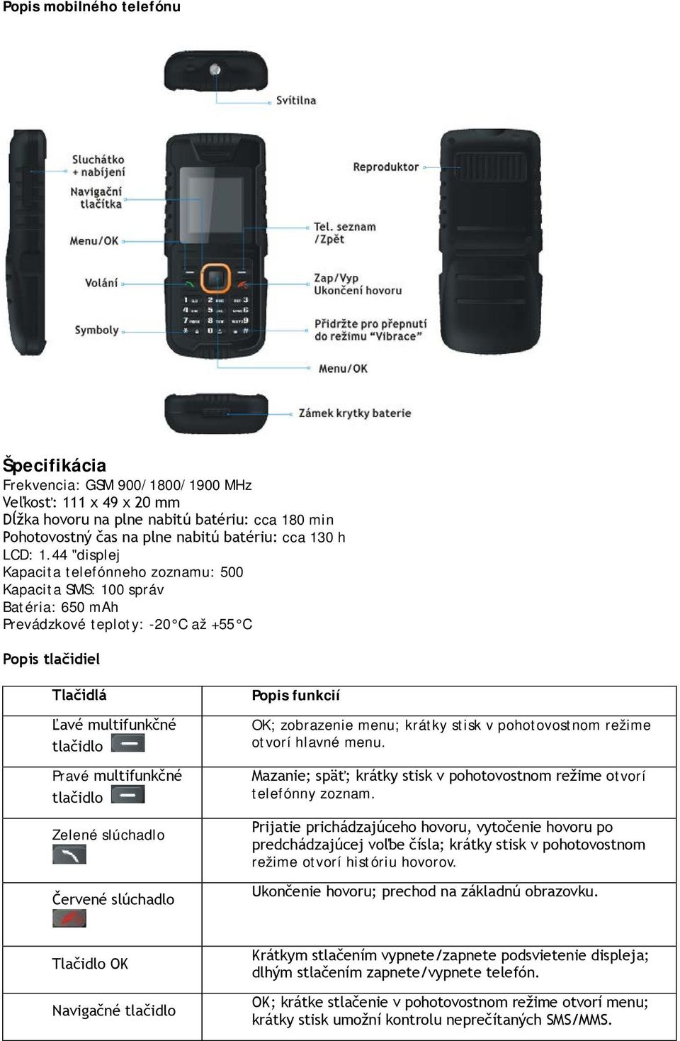 44 "displej Kapacita telefónneho zoznamu: 500 Kapacita SMS: 100 správ Batéria: 650 mah Prevádzkové teploty: -20 C až +55 C Popis tlačidiel Tlačidlá Ľavé multifunkčné tlačidlo Pravé multifunkčné