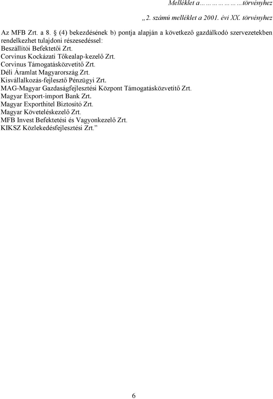 Corvinus Kockázati Tőkealap-kezelő Zrt. Corvinus Támogatásközvetítő Zrt. Déli Áramlat Magyarország Zrt. Kisvállalkozás-fejlesztő Pénzügyi Zrt.