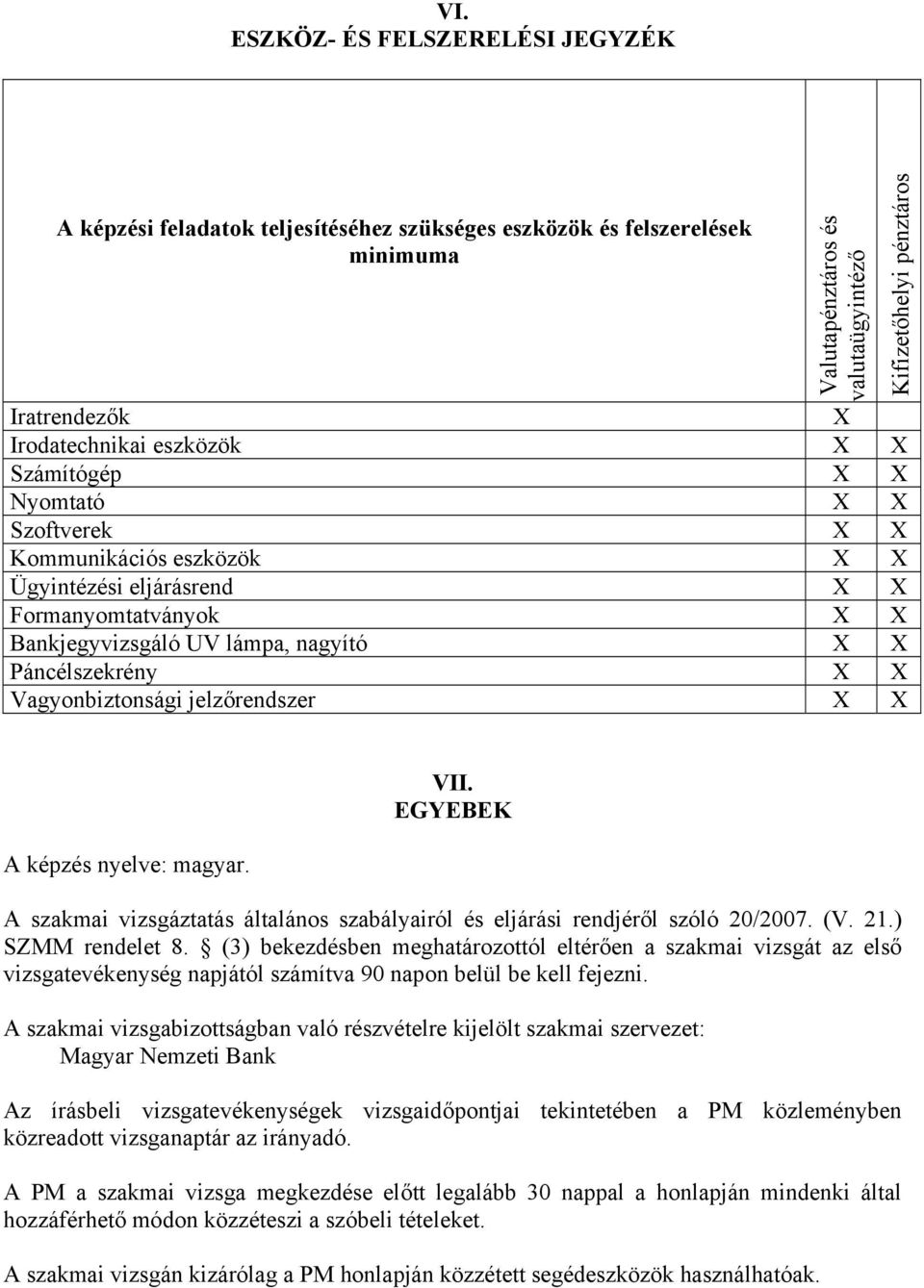 jelzőrendszer X X Kifizetőhelyi pénztáros A képzés nyelve: magyar. VII. EGYEEK A szakmai vizsgáztatás általános szabályairól és eljárási rendjéről szóló 20/2007. (V. 21.) SZMM rendelet 8.