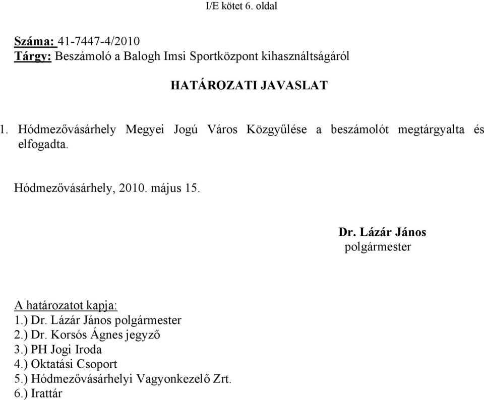 Hódmezővásárhely Megyei Jogú Város Közgyűlése a beszámolót megtárgyalta és elfogadta. Hódmezővásárhely, 2010.