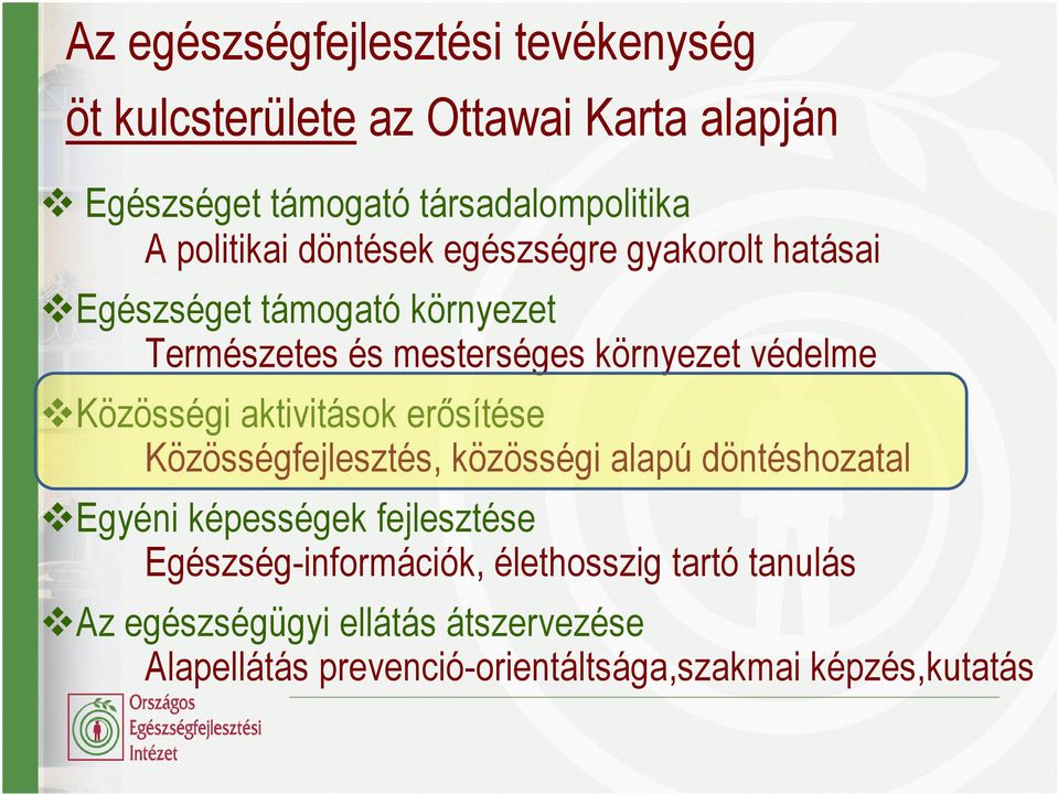 Közösségi aktivitások erősítése Közösségfejlesztés, közösségi alapú döntéshozatal Egyéni képességek fejlesztése