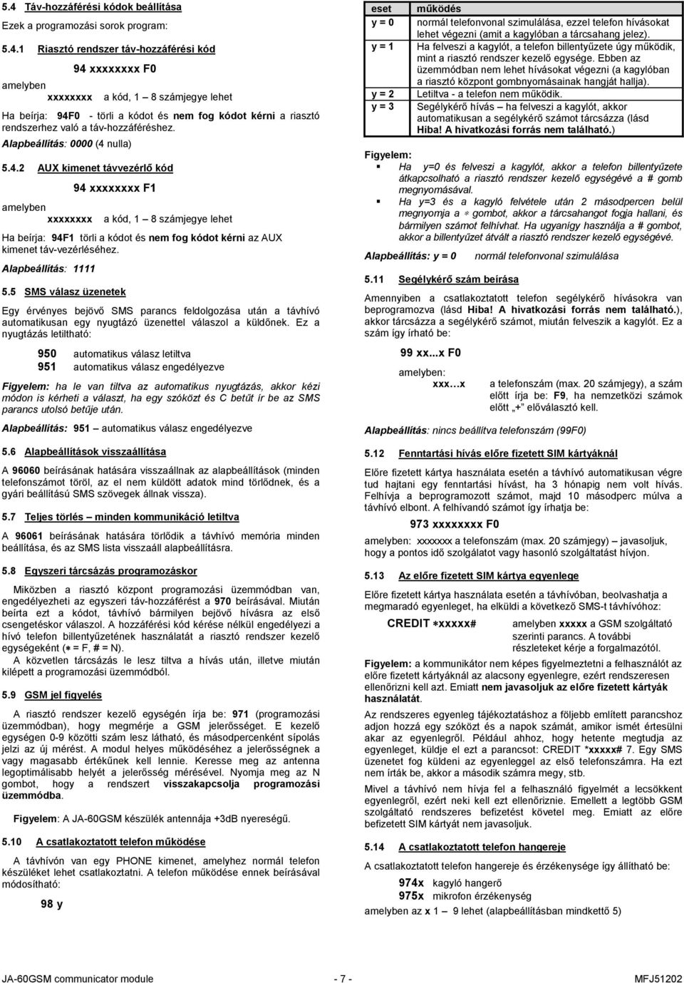 Alapbeállítás: 1111 5.5 SMS válasz üzenetek Egy érvényes bejövő SMS parancs feldolgozása után a távhívó automatikusan egy nyugtázó üzenettel válaszol a küldőnek.