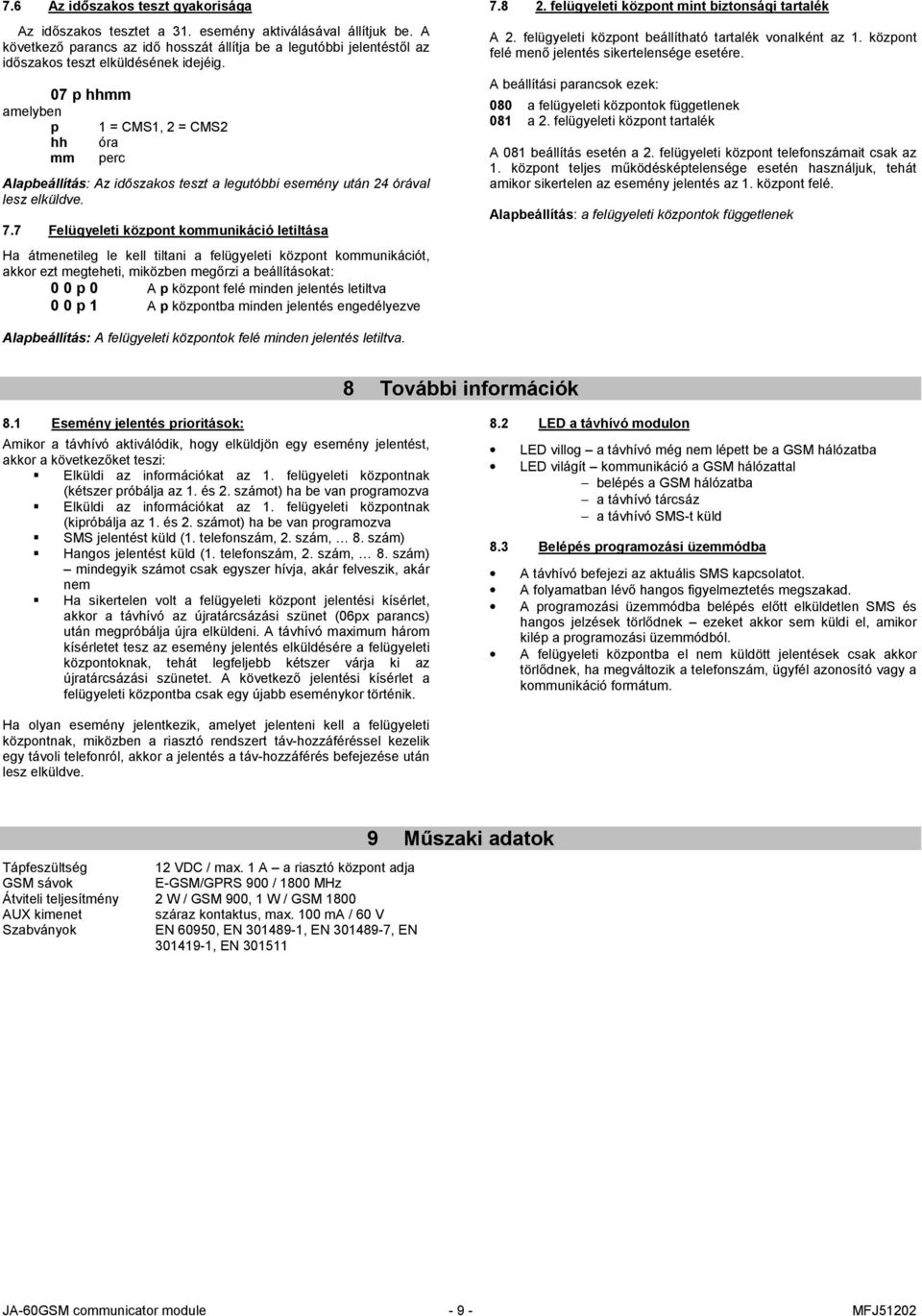 07 p hhmm p 1 = CMS1, 2 = CMS2 hh óra mm perc Alapbeállítás: Az időszakos teszt a legutóbbi esemény után 24 órával lesz elküldve. 7.