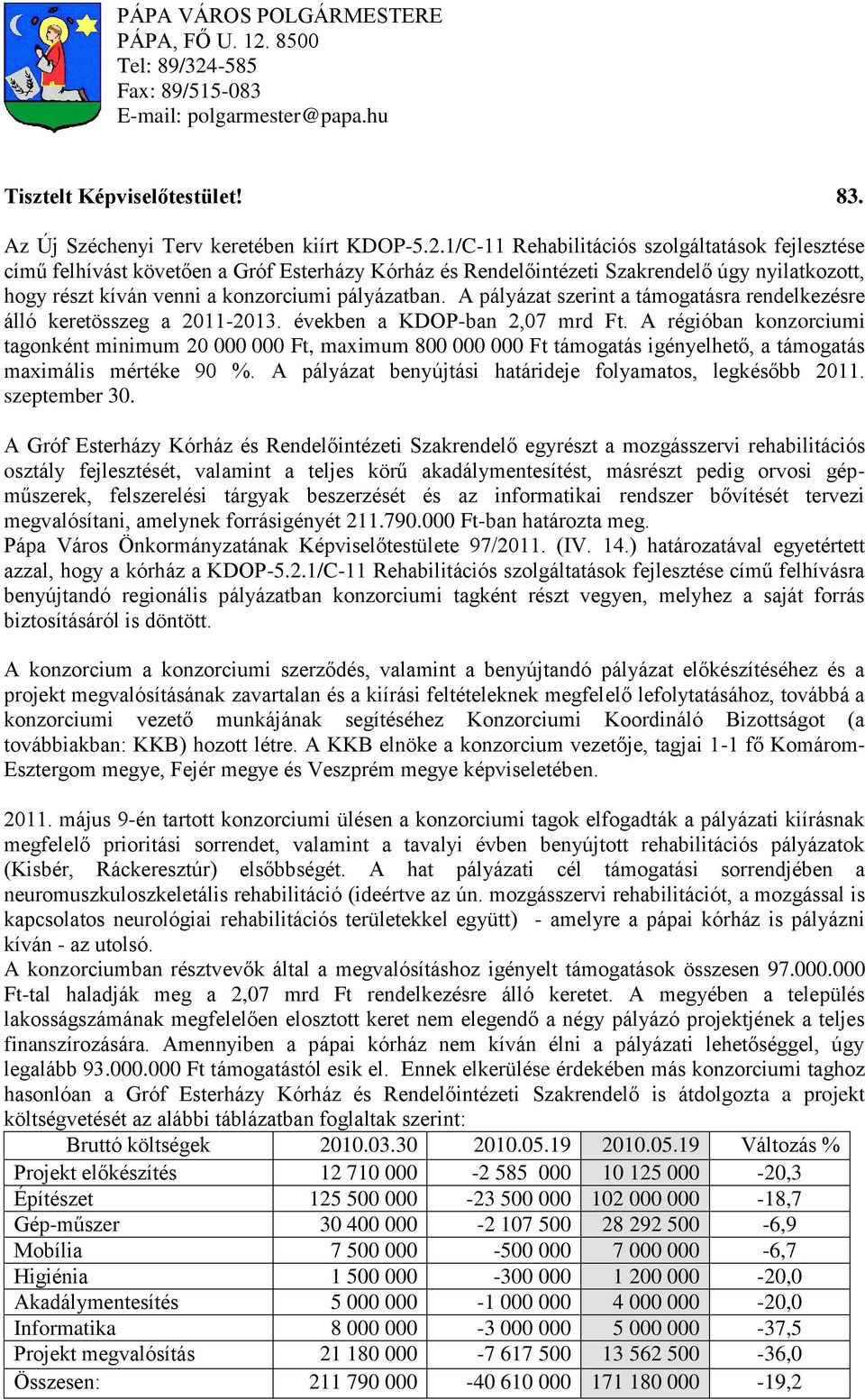 -585 Fax: 89/515-083 E-mail: polgarmester@papa.hu Tisztelt Képviselőtestület! 83. Az Új Széchenyi Terv keretében kiírt KDOP-5.2.