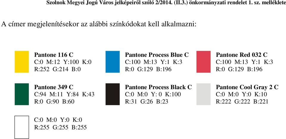 melléklete A címer megjelenítésekor az alábbi színkódokat kell alkalmazni: Pantone 116 C Pantone Process Blue C Pantone Red 032 C