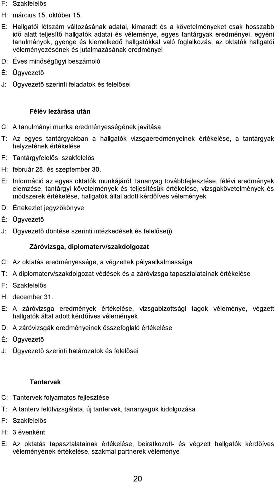 kiemelkedő hallgatókkal való foglalkozás, az oktatók hallgatói véleményezésének és jutalmazásának eredményei D: Éves minőségügyi beszámoló É: Ügyvezető J: Ügyvezető szerinti feladatok és felelősei