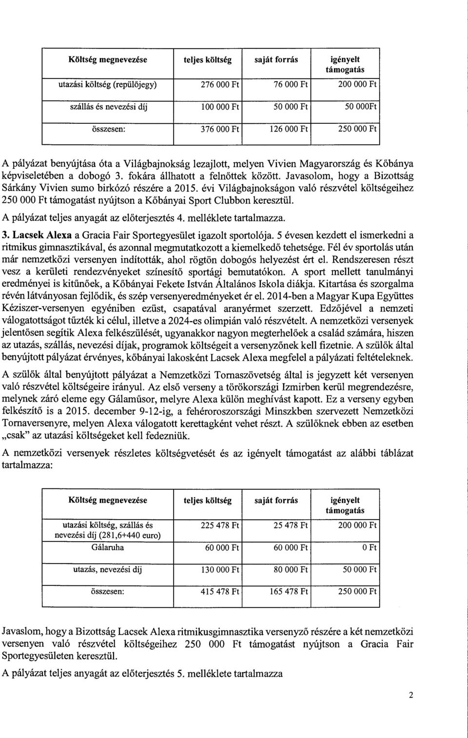 évi Világbajnokságon való részvétel költségeihez 250 OOO Ft t nyújtson a Kőbányai Sport Clubbon keresztül. A pályázat teljes anyagát az előterjesztés 4. melléklete tartalmazza. 3.