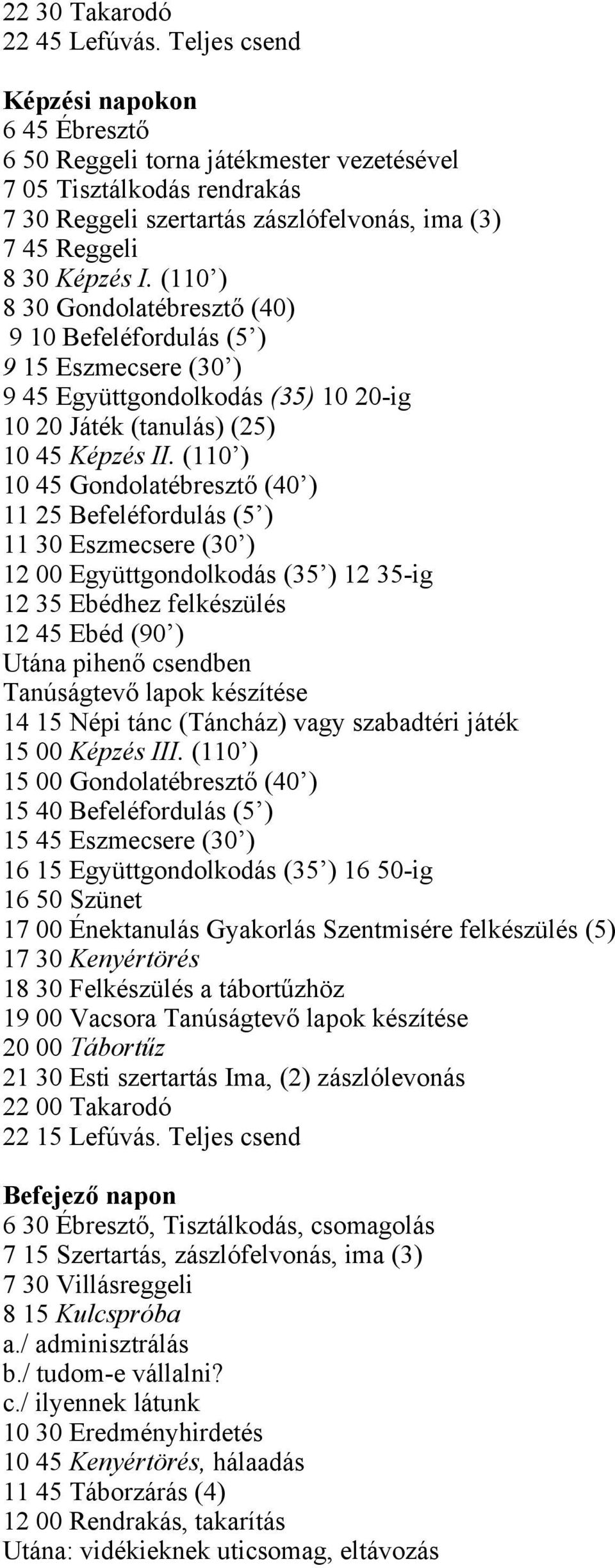 (110 ) 8 30 Gondolatébresztő (40) 9 10 Befeléfordulás (5 ) 9 15 Eszmecsere (30 ) 9 45 Együttgondolkodás (35) 10 20-ig 10 20 Játék (tanulás) (25) 10 45 Képzés II.