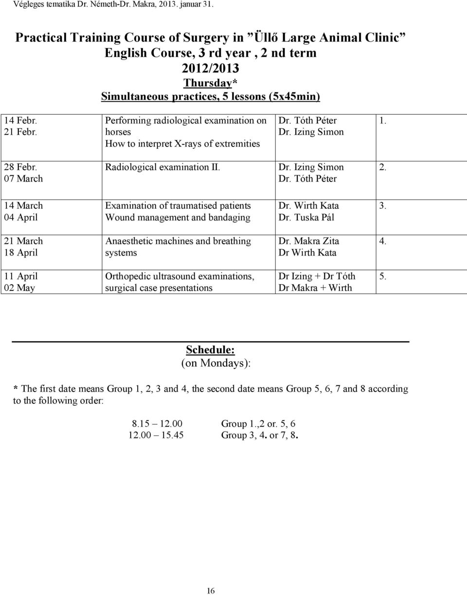 14 March 04 April Examination of traumatised patients Wound management and bandaging Dr. Wirth Kata Dr. Tuska Pál 3. 21 March 18 April Anaesthetic machines and breathing systems Dr.