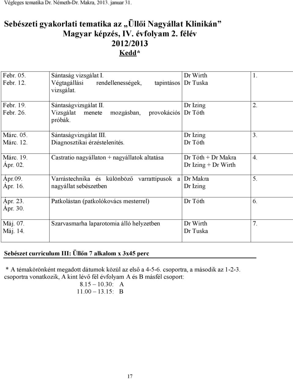 Sántaságvizsgálat III. Diagnosztikai érzéstelenítés. Dr Izing Dr Tóth 3. Márc. 19. Ápr. 02. Castratio nagyállaton + nagyállatok altatása Dr Tóth + Dr Makra Dr Izing + Dr Wirth 4. Ápr.09. Ápr. 16.