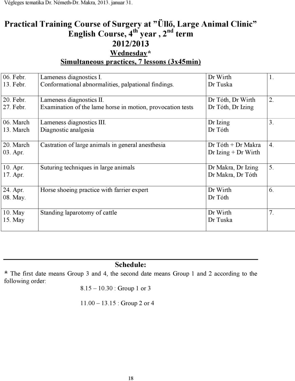 Examination of the lame horse in motion, provocation tests Dr Tóth, Dr Wirth Dr Tóth, Dr Izing 2. 06. March 13. March Lameness diagnostics III. Diagnostic analgesia Dr Izing Dr Tóth 3. 20. March 03.