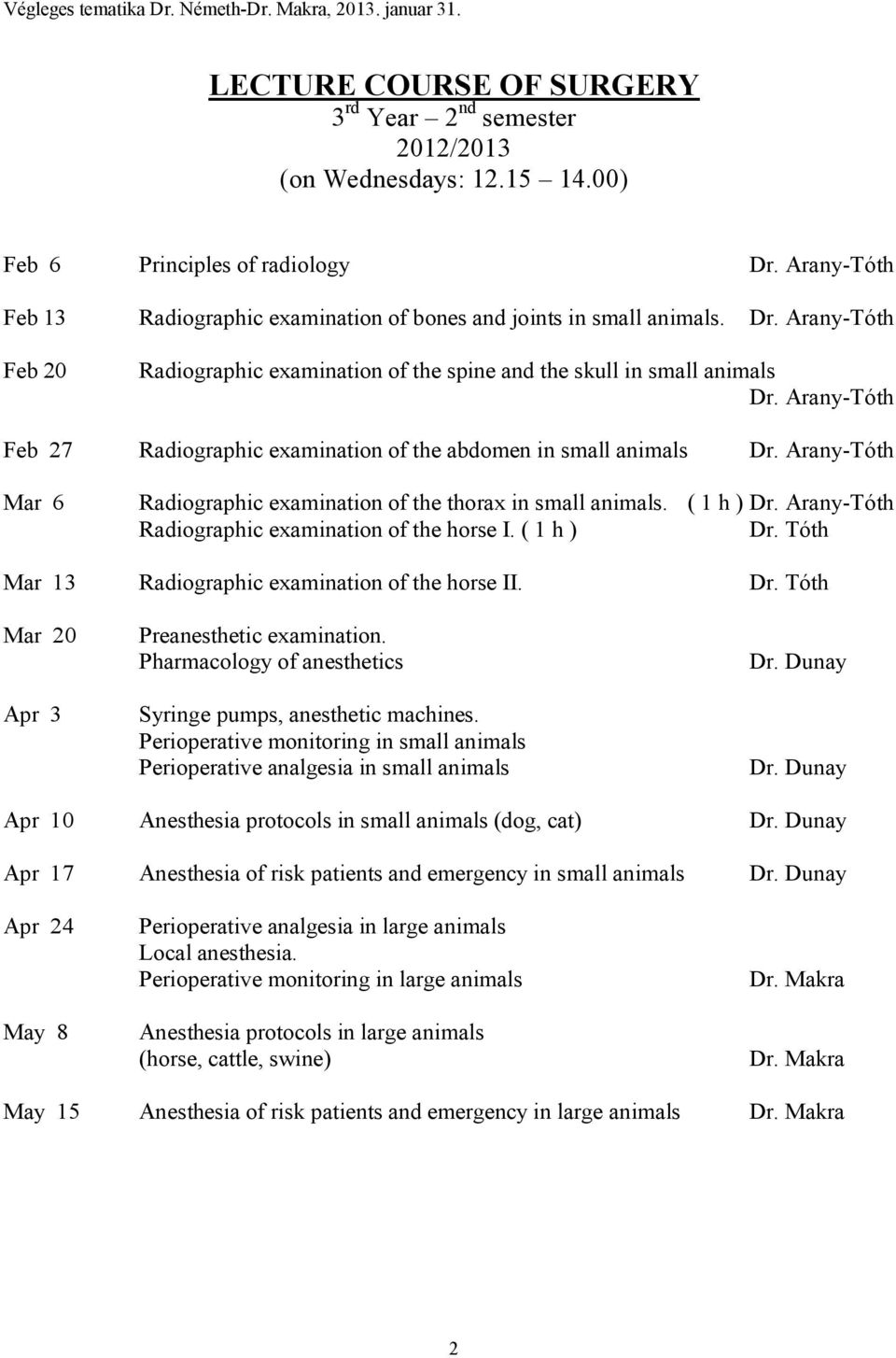 Arany-Tóth Feb 27 Radiographic examination of the abdomen in small animals Dr. Arany-Tóth Mar 6 Radiographic examination of the thorax in small animals. ( 1 h ) Dr.