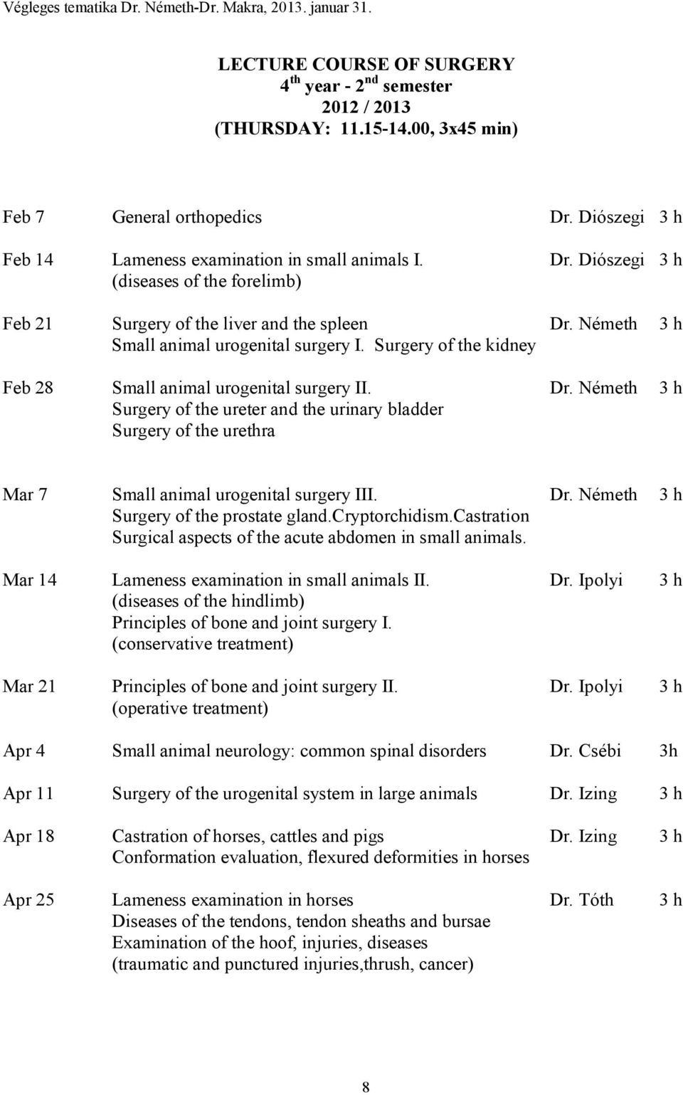 Surgery of the kidney Feb 28 Small animal urogenital surgery II. Dr. Németh 3 h Surgery of the ureter and the urinary bladder Surgery of the urethra Mar 7 Small animal urogenital surgery III. Dr. Németh 3 h Surgery of the prostate gland.