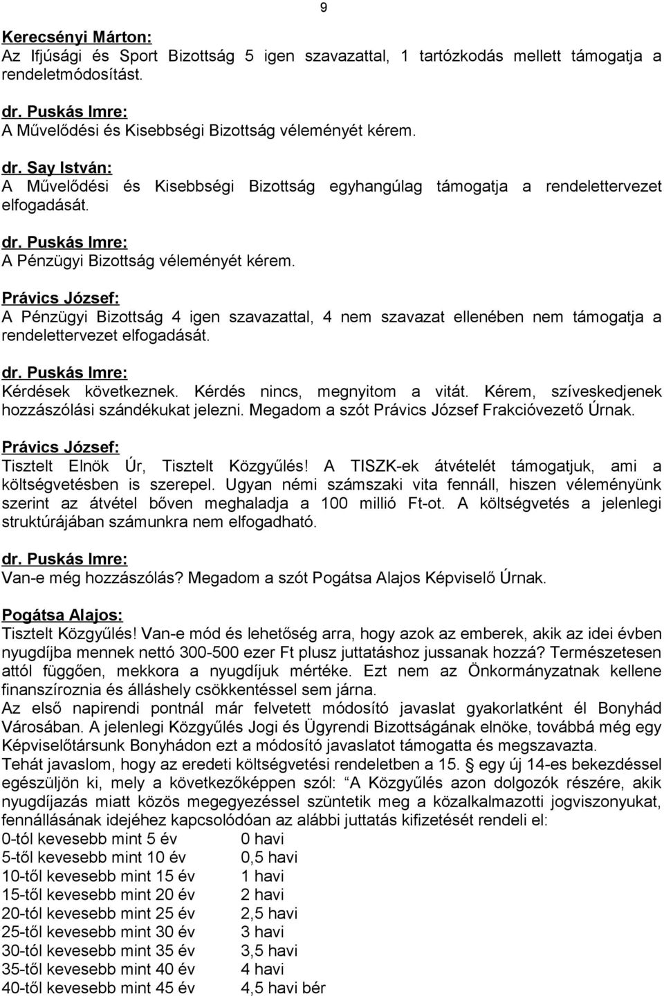 Právics József: A Pénzügyi Bizottság 4 igen szavazattal, 4 nem szavazat ellenében nem támogatja a rendelettervezet elfogadását. dr. Puskás Imre: Kérdések következnek. Kérdés nincs, megnyitom a vitát.