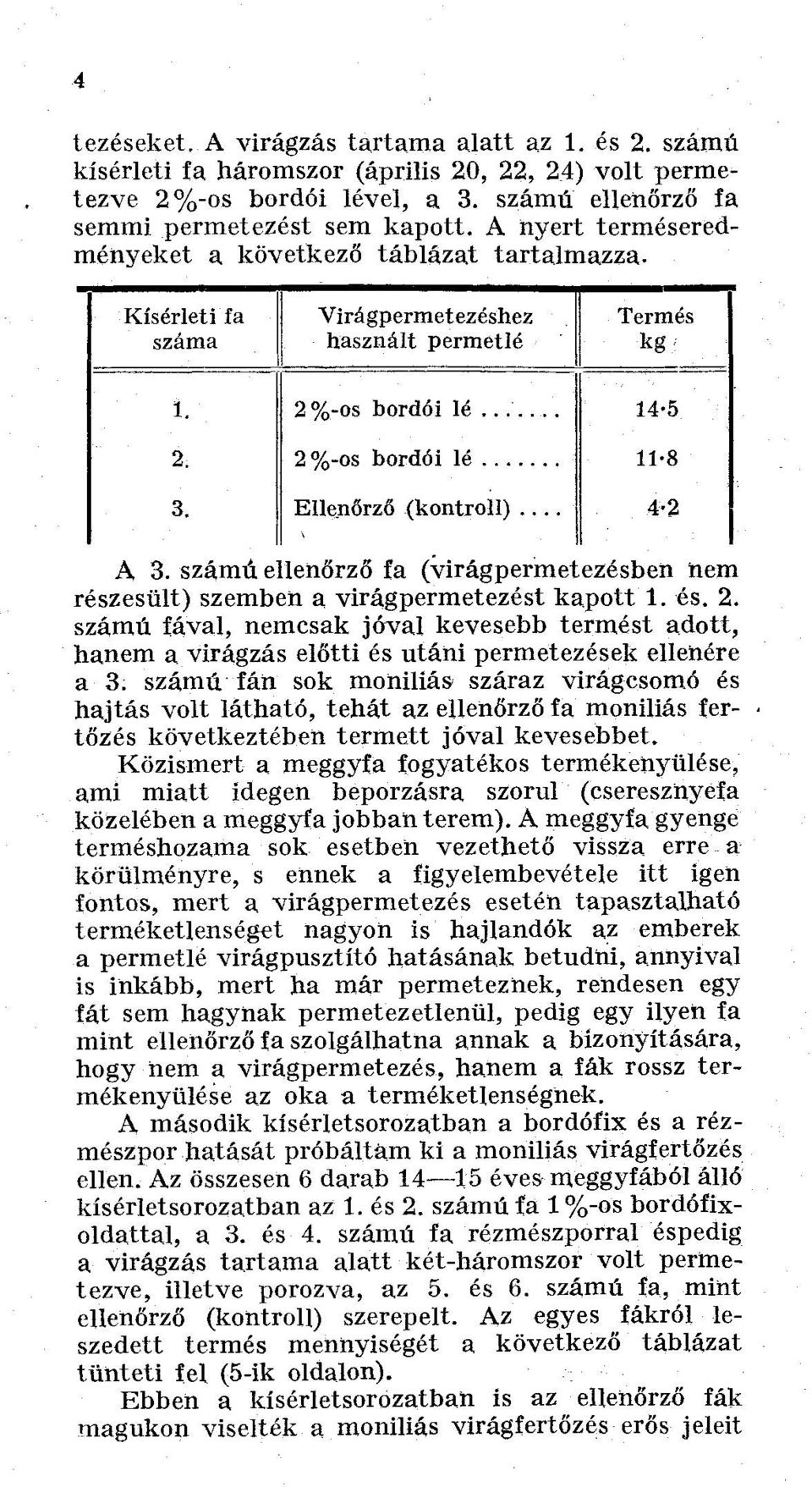 .. 2 %-os bordói lé Ellenőrző (kontroll) 14-5 11-8 42 A 3. számú ellenőrző fa (virágpermetezésben nem részesült) szemben a virágpermetezést kapott 1. és. 2. számú fával, nemcsak jóval kevesebb termést adott, hanem a virágzás előtti és utáni permetezések ellenére a 3.