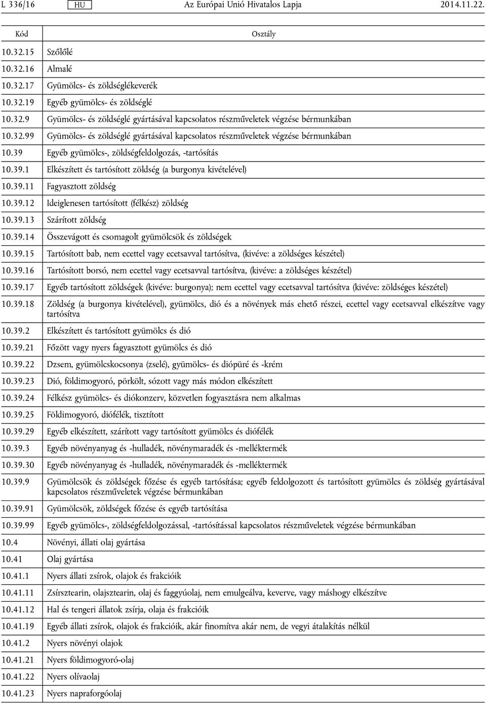 39.11 Fagyasztott zöldség 10.39.12 Ideiglenesen tartósított (félkész) zöldség 10.39.13 Szárított zöldség 10.39.14 Összevágott és csomagolt gyümölcsök és zöldségek 10.39.15 Tartósított bab, nem ecettel vagy ecetsavval tartósítva, (kivéve: a zöldséges készétel) 10.