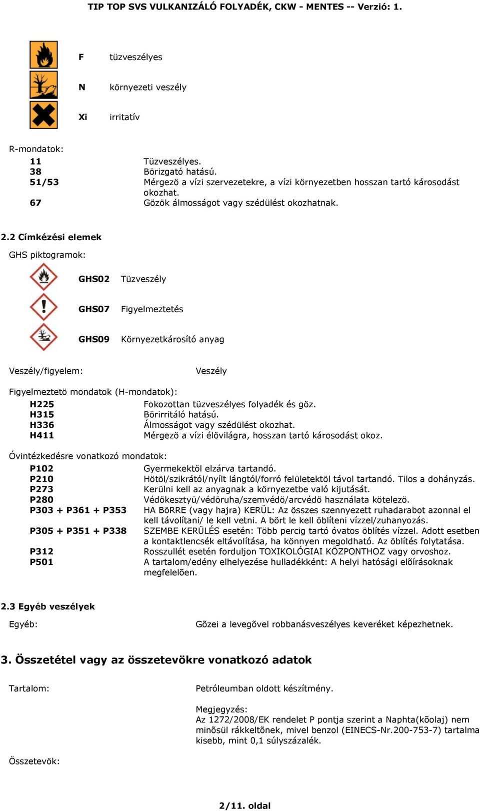 2 Címkézési elemek GHS piktogramok: GHS02 Tüzveszély GHS07 Figyelmeztetés GHS09 Környezetkárosító anyag Veszély/figyelem: Veszély Figyelmeztetö mondatok (H-mondatok): H225 H315 H336 H411