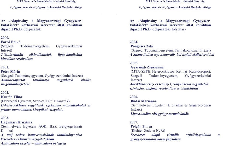 Péter Mária (Szegedi Tudományegyetem, Gyógyszerkémiai Intézet) Aminocsoportot tartalmazó vegyületek királis megkülönböztetése 2002.