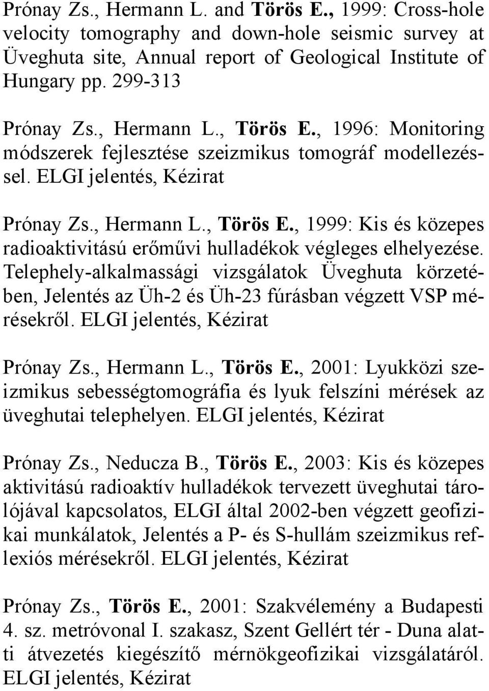 Telephely-alkalmassági vizsgálatok Üveghuta körzetében, Jelentés az Üh-2 és Üh-23 fúrásban végzett VSP mérésekről. ELGI jelentés, Kézirat Prónay Zs., Hermann L., Törös E.