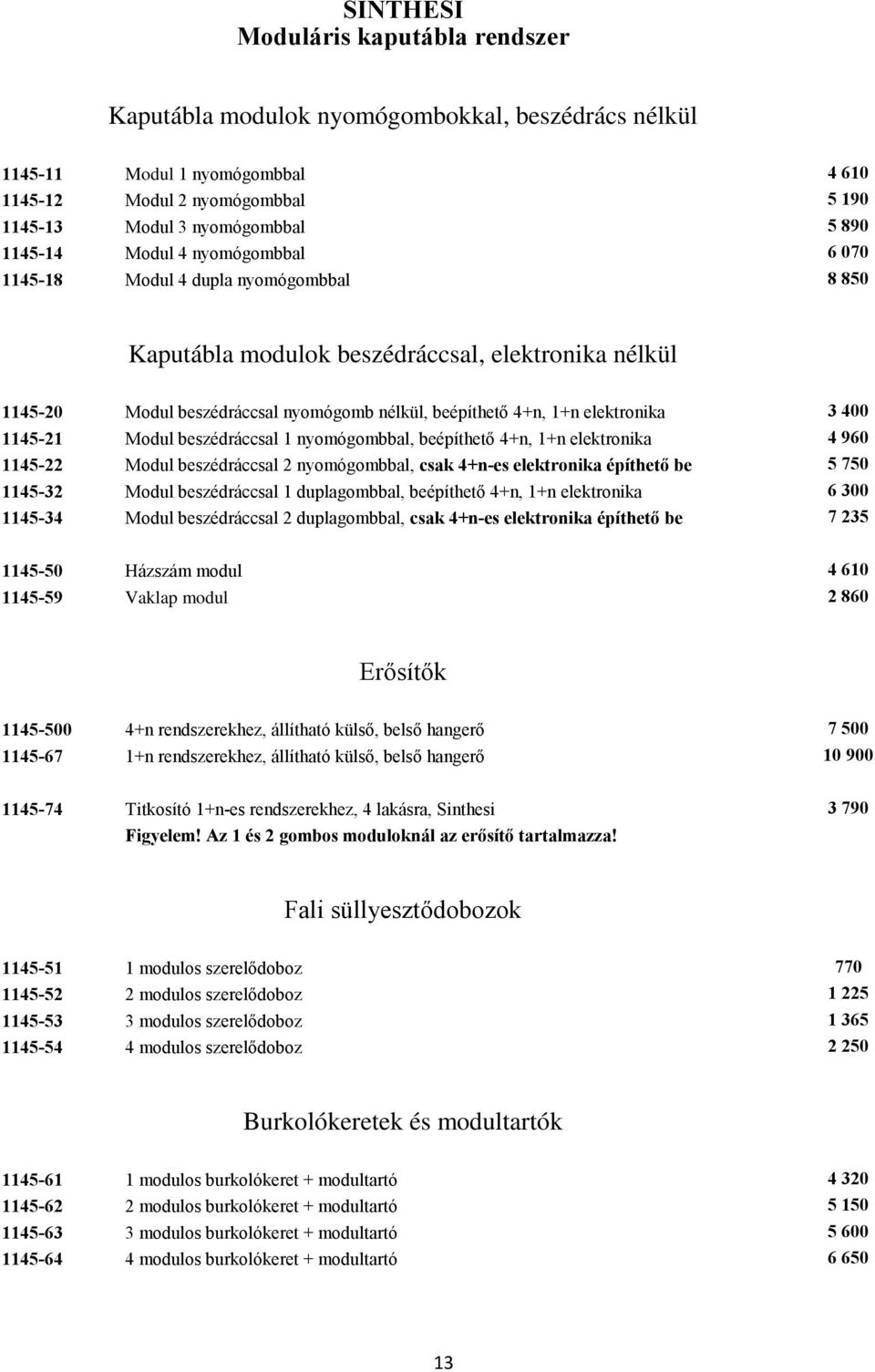 elektronika 3 400 1145-21 Modul beszédráccsal 1 nyomógombbal, beépíthető 4+n, 1+n elektronika 4 960 1145-22 Modul beszédráccsal 2 nyomógombbal, csak 4+n-es elektronika építhető be 5 750 1145-32 Modul