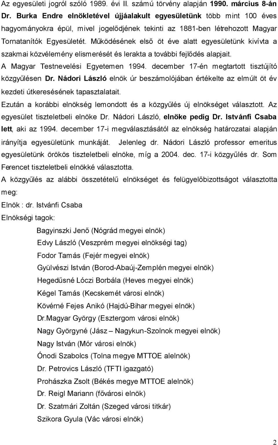 Működésének első öt éve alatt egyesületünk kivívta a szakmai közvélemény elismerését és lerakta a további fejlődés alapjait. A Magyar Testnevelési Egyetemen 1994.