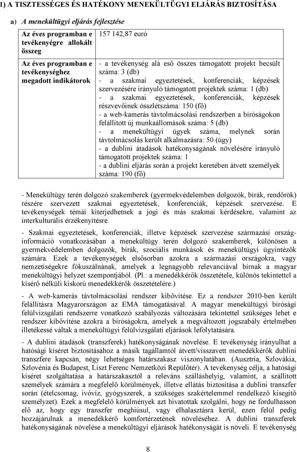 1 (db) - a szakmai egyeztetések, konferenciák, képzések részvevőinek összlétszáma: 150 (fő) - a web-kamerás távtolmácsolási rendszerben a bíróságokon felállított új munkaállomások száma: 5 (db) - a