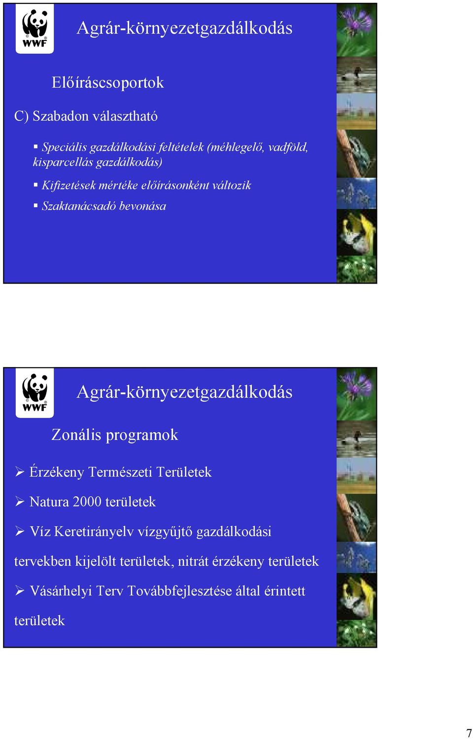 Agrár-környezetgazdálkodás Zonális programok Érzékeny Természeti Területek Natura 2000 területek Víz Keretirányelv