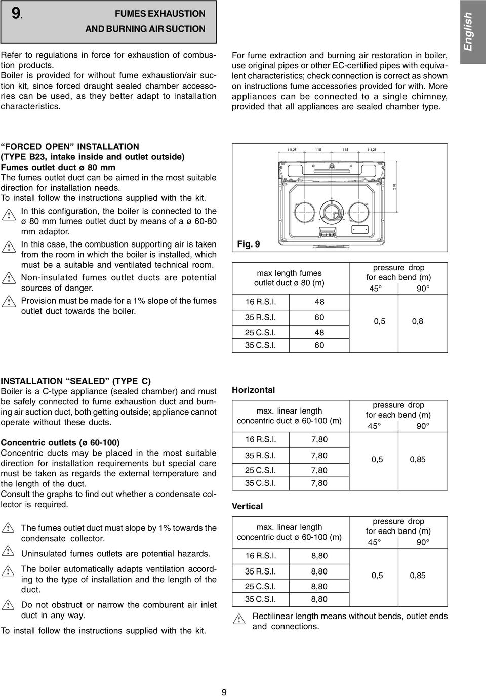 For fume extraction and burning air restoration in boiler, use original pipes or other EC-certified pipes with equivalent characteristics; check connection is correct as shown on instructions fume