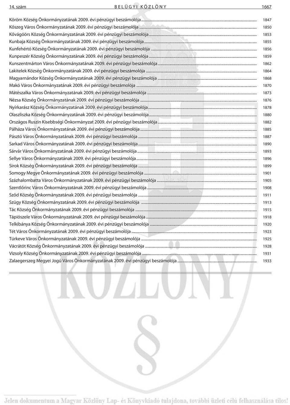 .. 1859 Kunszentmárton Város Önkormányzatának évi pénzügyi ja... 1862 Lakitelek Község Önkormányzatának évi pénzügyi ja... 1864 Magyarnándor Község Önkormányzatának évi pénzügyi ja.