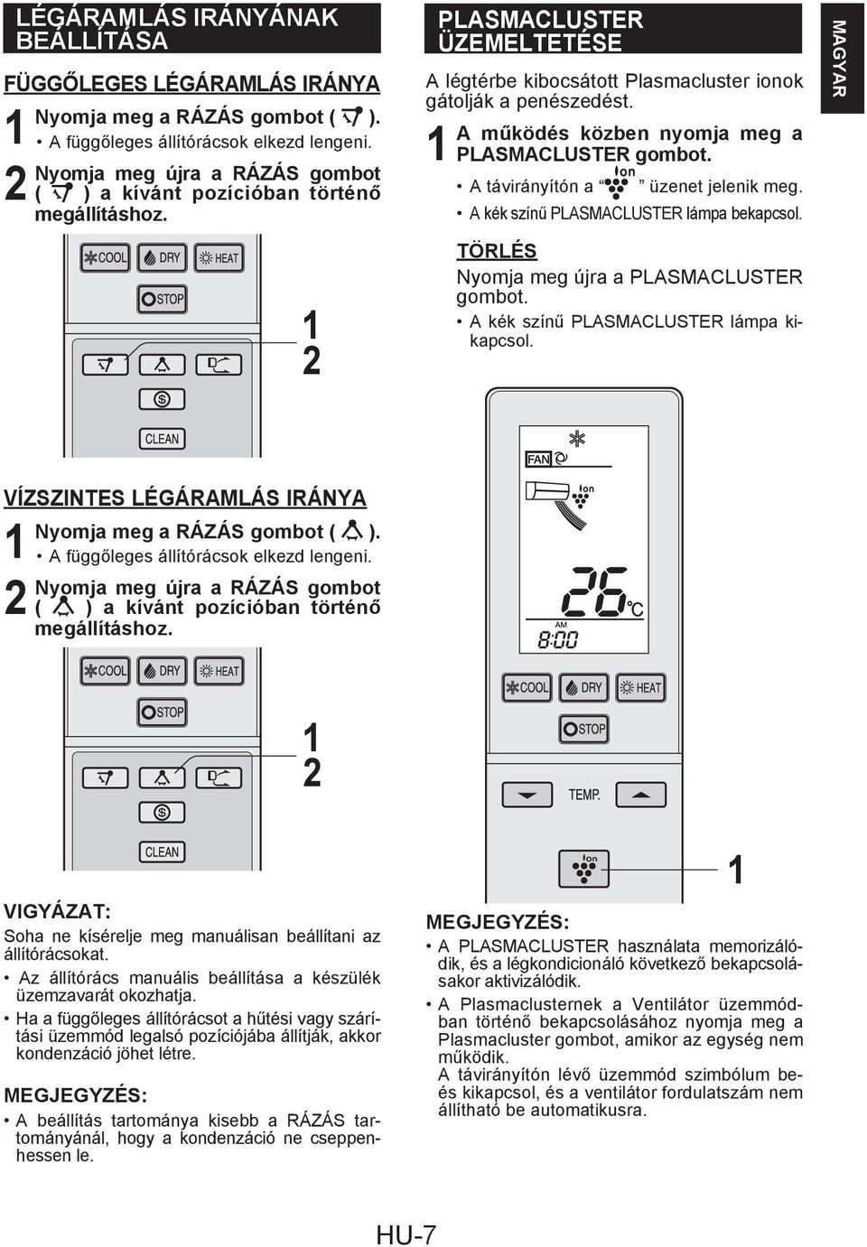 A működés közben nyomja meg a PLASMACLUSTER gombot. A távirányítón a üzenet jelenik meg. A kék színű PLASMACLUSTER lámpa bekapcsol. Nyomja meg újra a PLASMACLUSTER gombot.