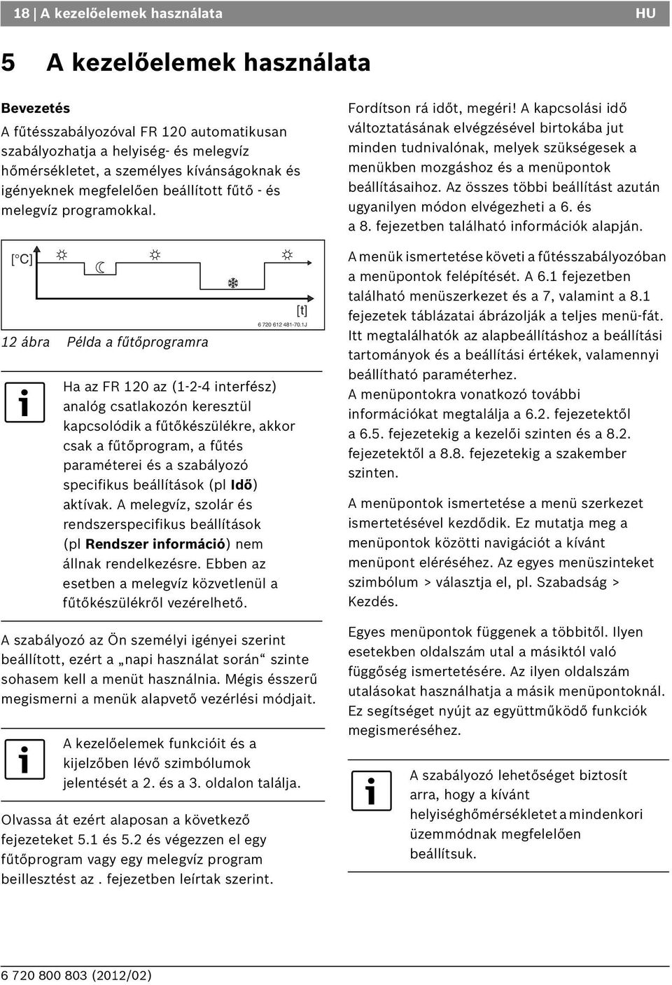 [ C] 12 ábra Példa a fűtőprogramra Ha az FR 120 az (1-2-4 interfész) analóg csatlakozón keresztül kapcsolódik a fűtőkészülékre, akkor csak a fűtőprogram, a fűtés paraméterei és a szabályozó