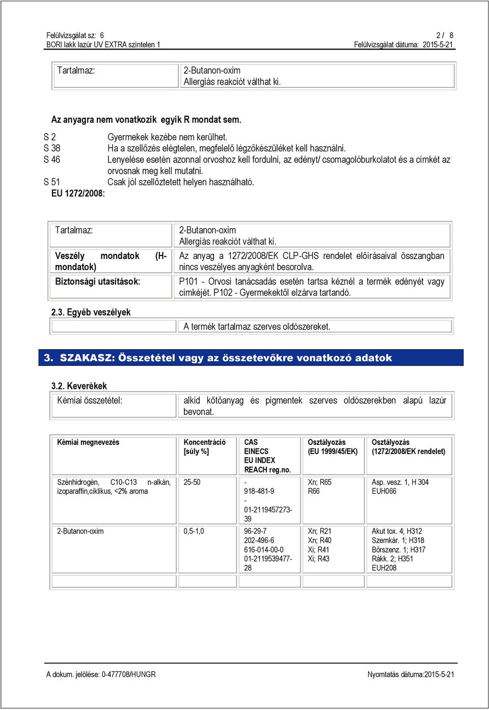 S 51 Csak jól szellőztetett helyen használható. EU 1272/2008: Tartalmaz: Veszély mondatok (Hmondatok) Biztonsági utasítások: 2.3. Egyéb veszélyek 2-Butanon-oxim Allergiás reakciót válthat ki.