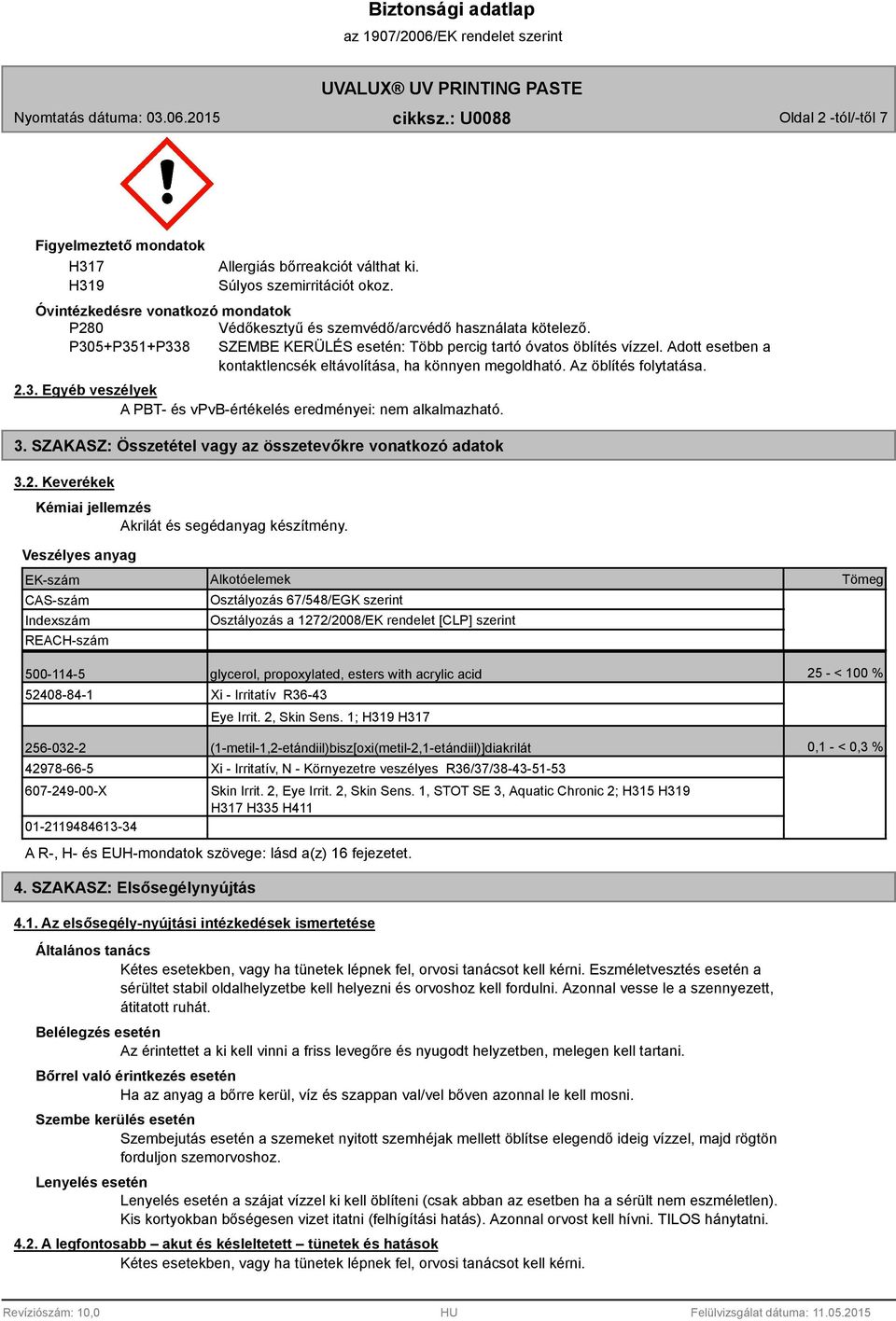 3. SZAKASZ: Összetétel vagy az összetevőkre vonatkozó adatok 3.2. Keverékek Kémiai jellemzés Akrilát és segédanyag készítmény.